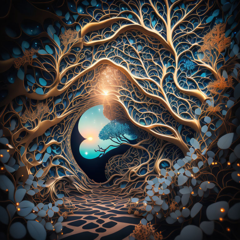 Enchanting forest scene with glowing moonlit path and floating tree