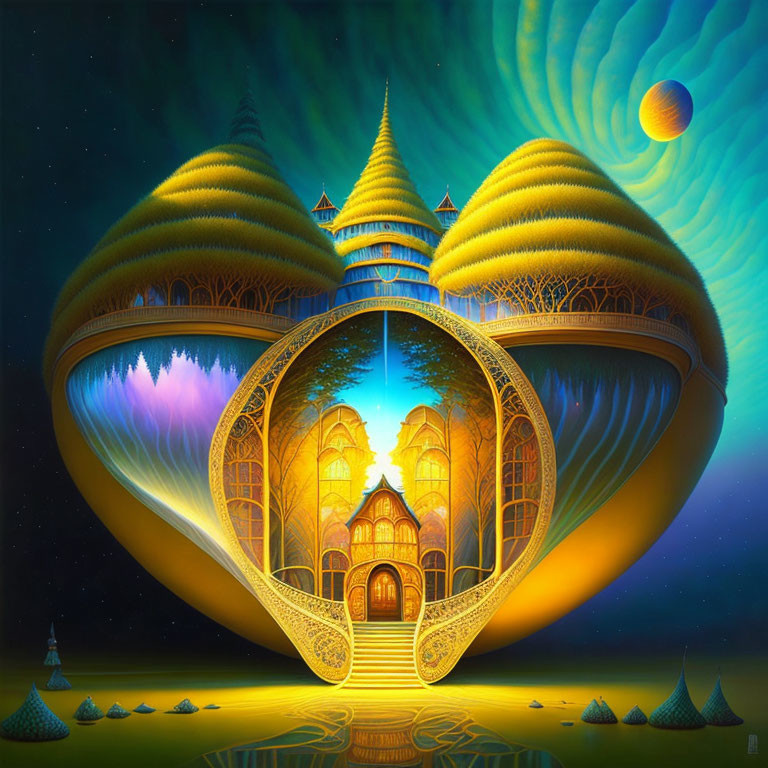 Fantastical floating palace with domed towers and golden staircases in a night sky.