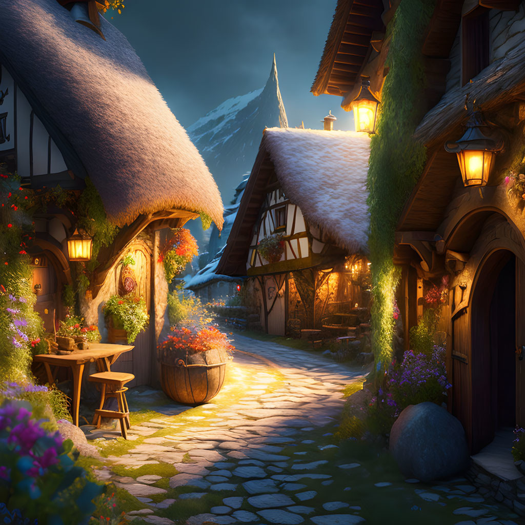 Quaint cobblestone street with thatched roofs and mountains at twilight