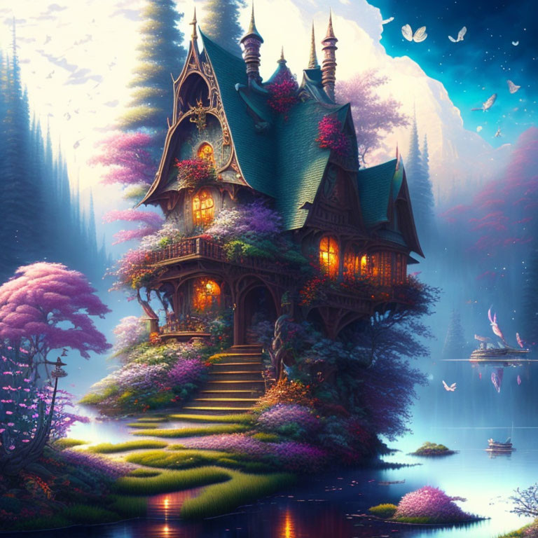 Fantasy house by serene lake at twilight with purple foliage and birds