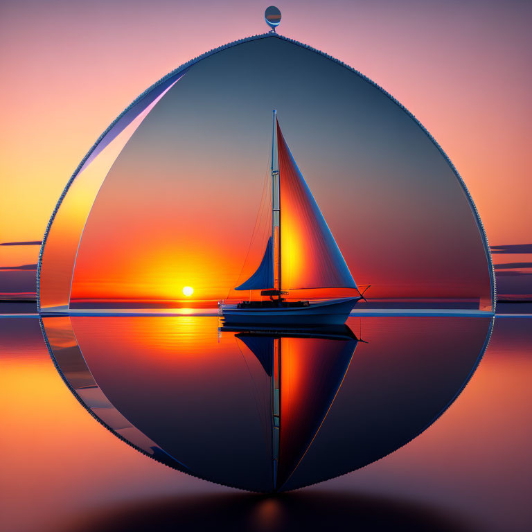 Sunset sailboat reflection on calm waters in droplet frame