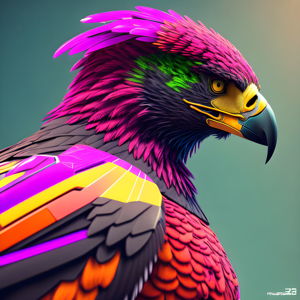 Colorful Digital Artwork: Eagle with Neon Feathers on Teal Background