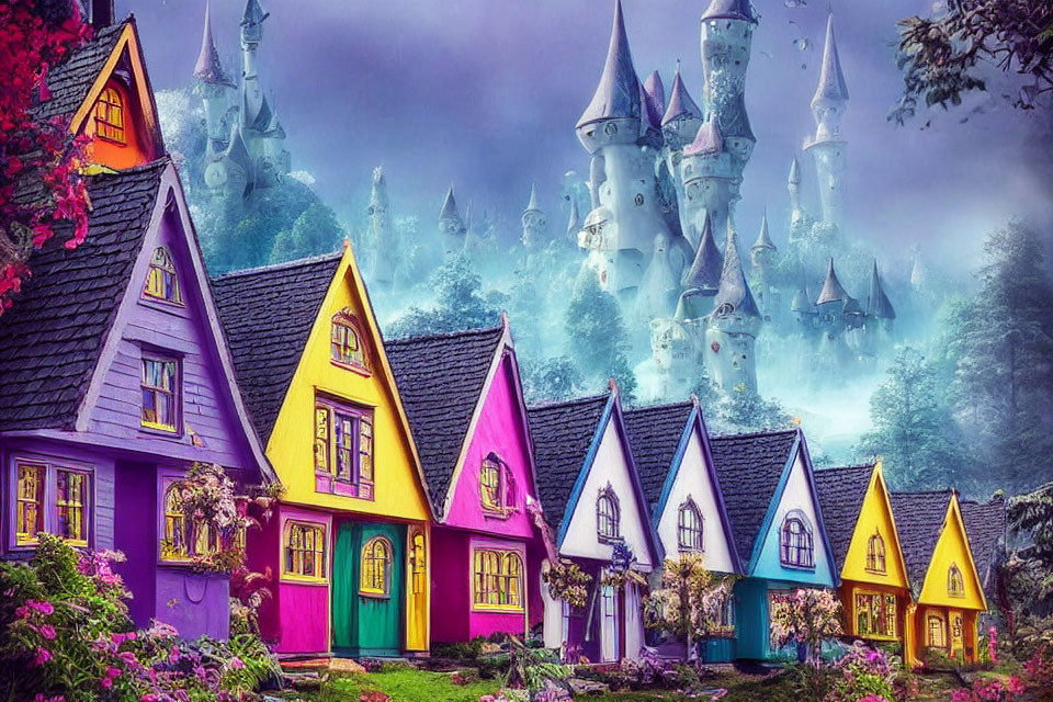 Colorful fairy-tale cottages and misty castle scenery