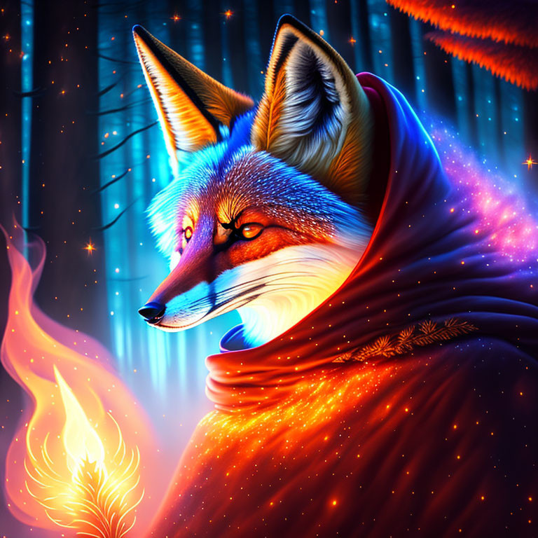 Fox in red cloak surrounded by mystical forest with intense gaze.