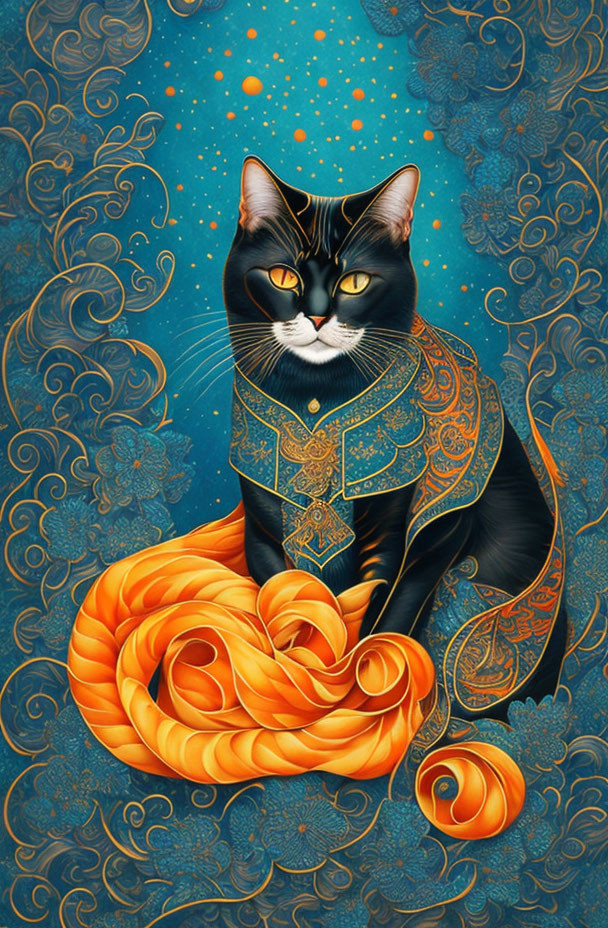 Stylized black cat with ornate orange collar on swirling blue background