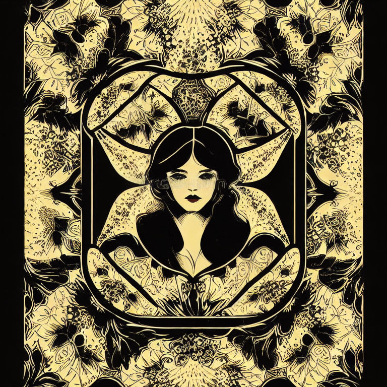 Symmetrical Art Nouveau illustration with central female figure and intricate floral patterns