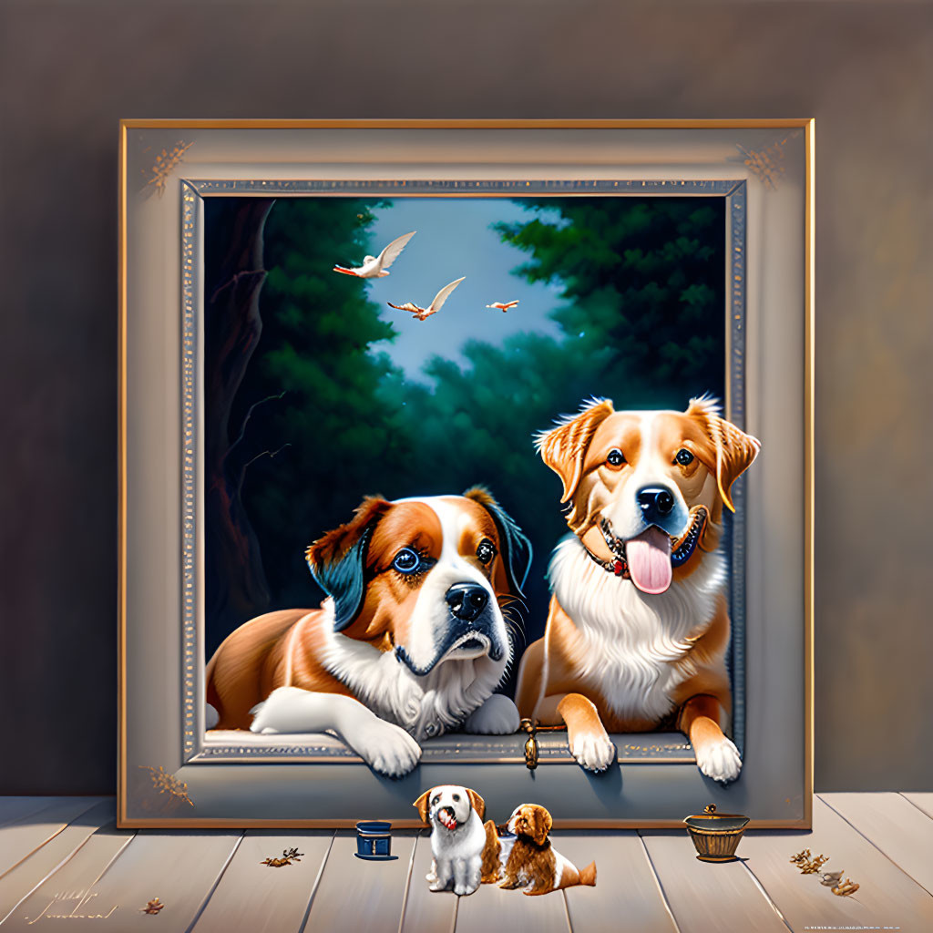 Realistic painting of two dogs with toys and food bowl in frame