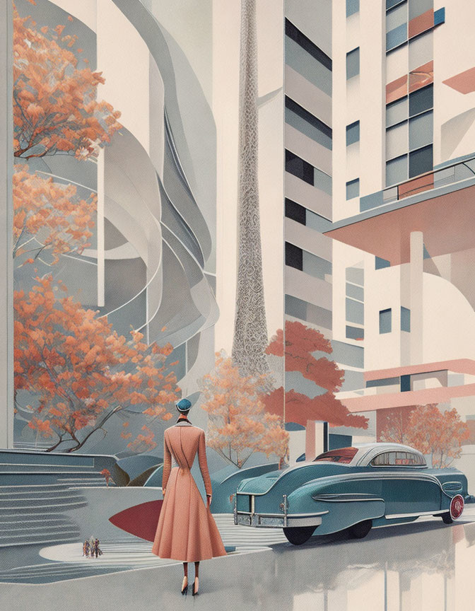 Woman in peach dress gazes at retro futuristic cityscape with curving buildings, orange trees, classic