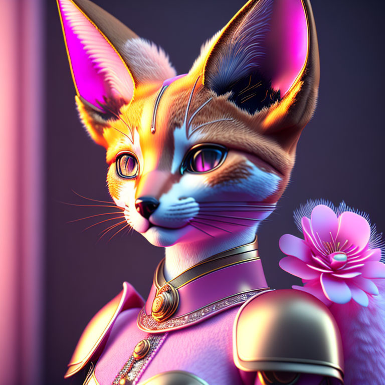 Anthropomorphic fox character in vibrant orange fur and metallic armor