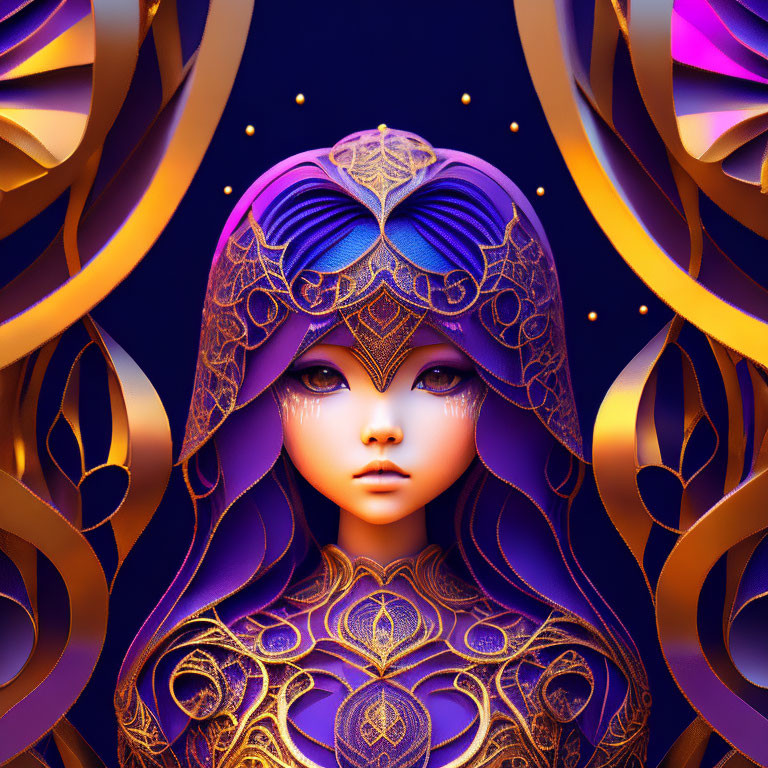 Detailed digital illustration of humanoid figure with purple and gold headdress and violet eyes on dark blue backdrop