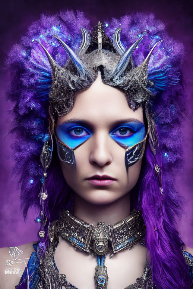 Person with blue face paint, purple hair, and elaborate headdress in fantasy portrait.