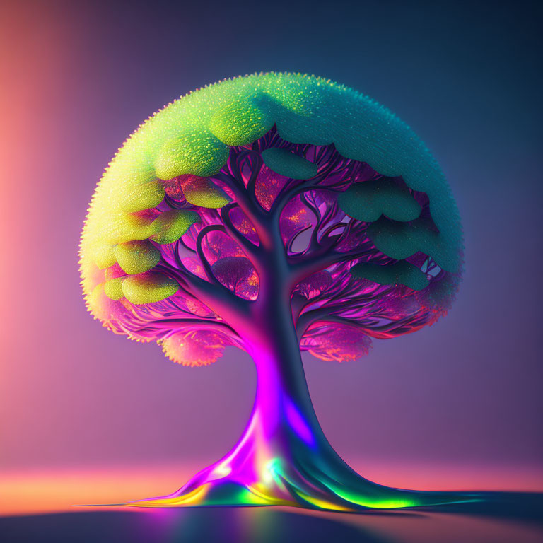 Fantastical rainbow tree with neon green foliage