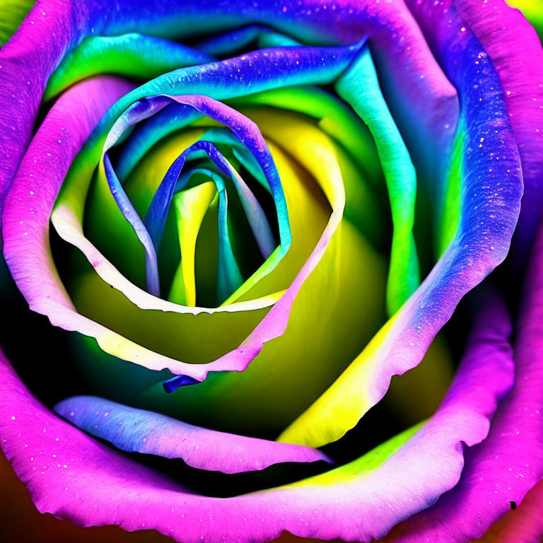 Multicolored Rose with Water Droplets in Blue, Green, Yellow, Purple