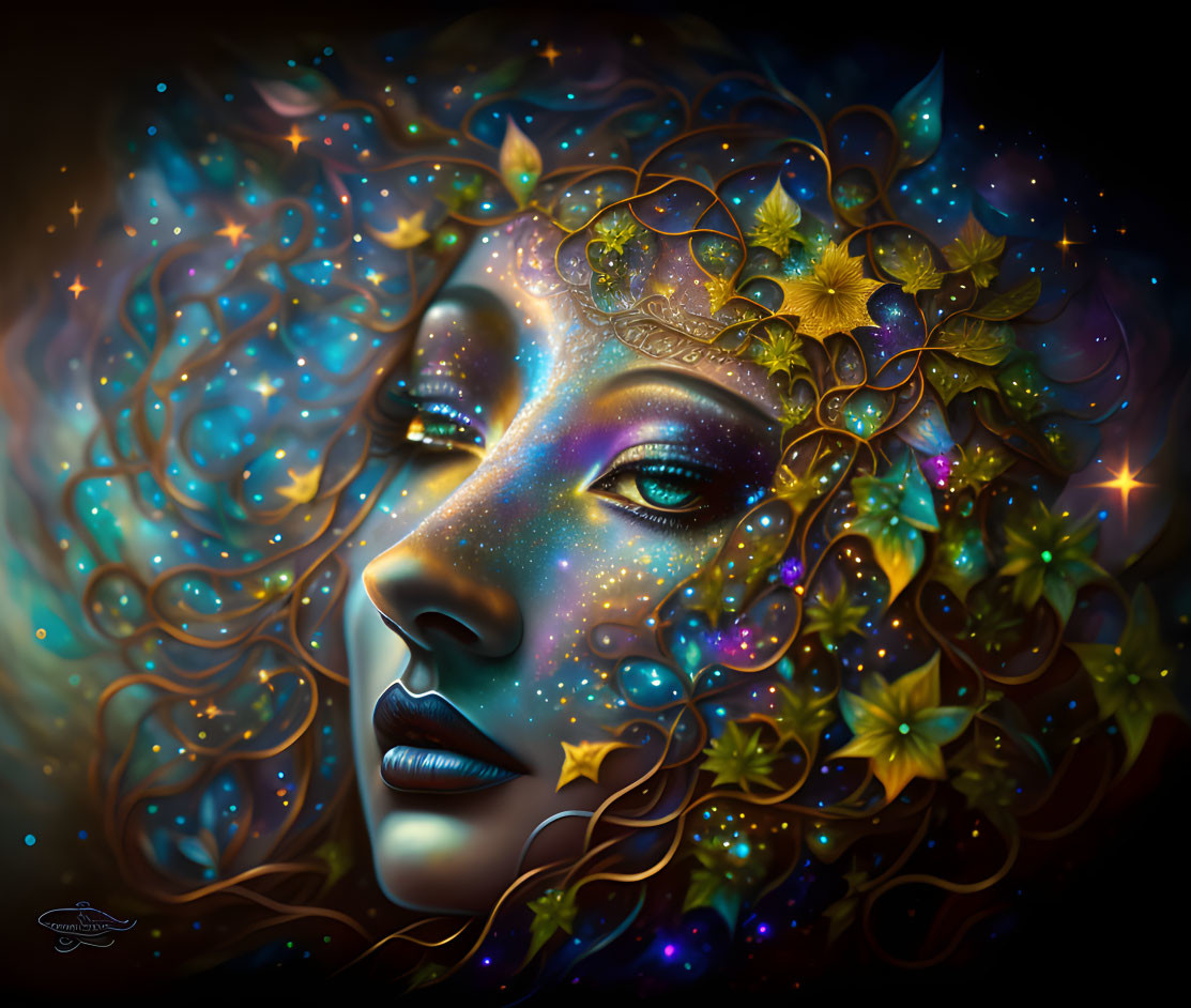 Cosmic and floral-themed portrait of a woman with swirling hair and decorative headpiece