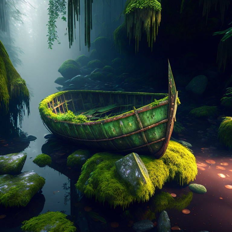 Moss-covered boat in serene forest with sunlight and calm water