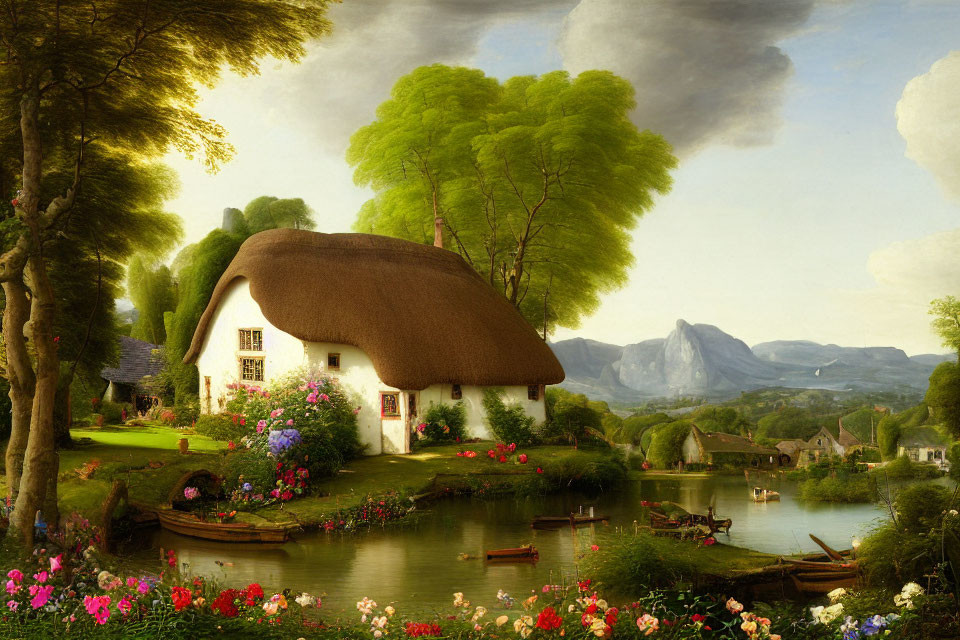 Tranquil countryside landscape with thatched-roof cottage, pond, and mountains