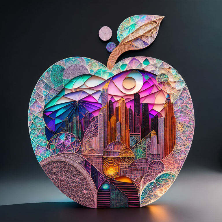 Detailed paper art: Apple, cityscape, bridges, celestial elements in vibrant colors on dark background