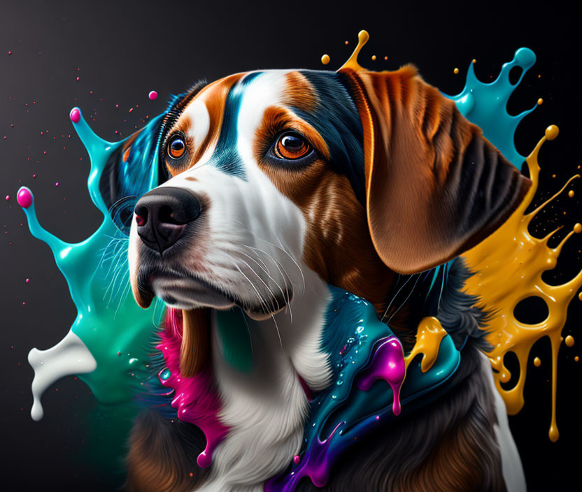 Colorful liquid surrounds dog in vibrant digital artwork