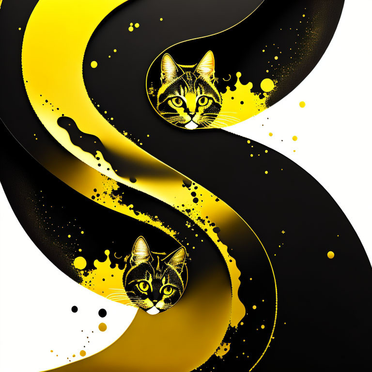 Abstract black and yellow swirling design with integrated cat faces