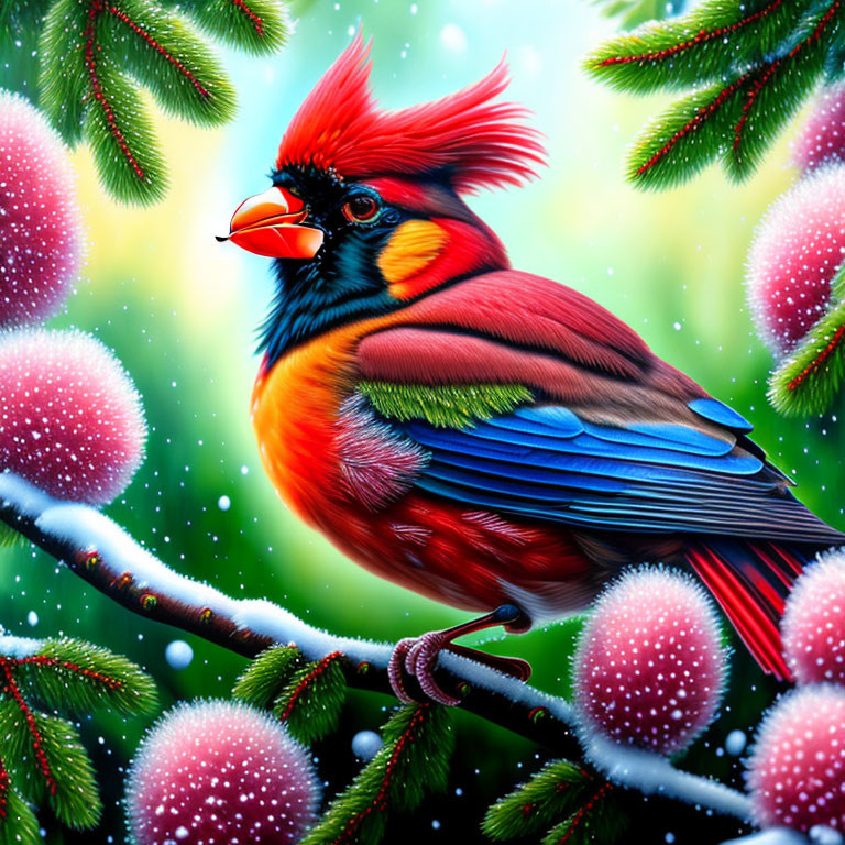 Colorful Cardinal Illustration with Snowflakes and Pine Branch