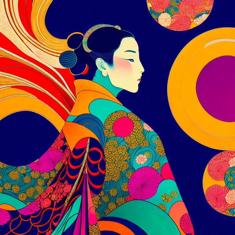 Vibrant traditional Japanese attire illustration on dark background