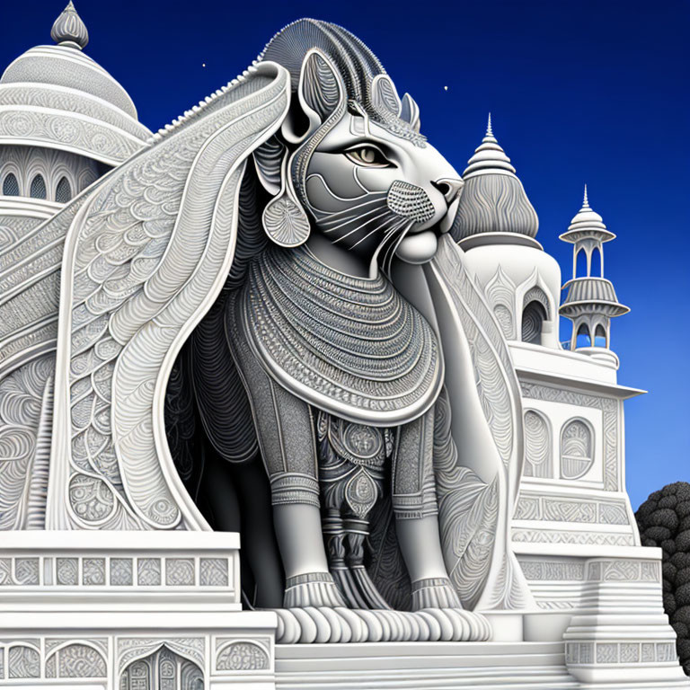 Illustrated lion with ornate details against Indian architecture under clear sky