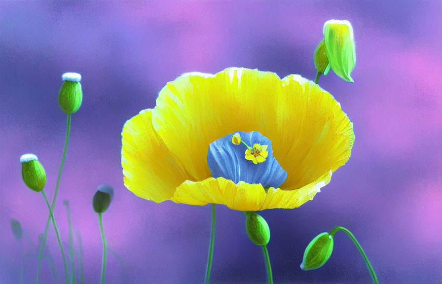 Colorful yellow poppy flower with blue center and buds on purple background