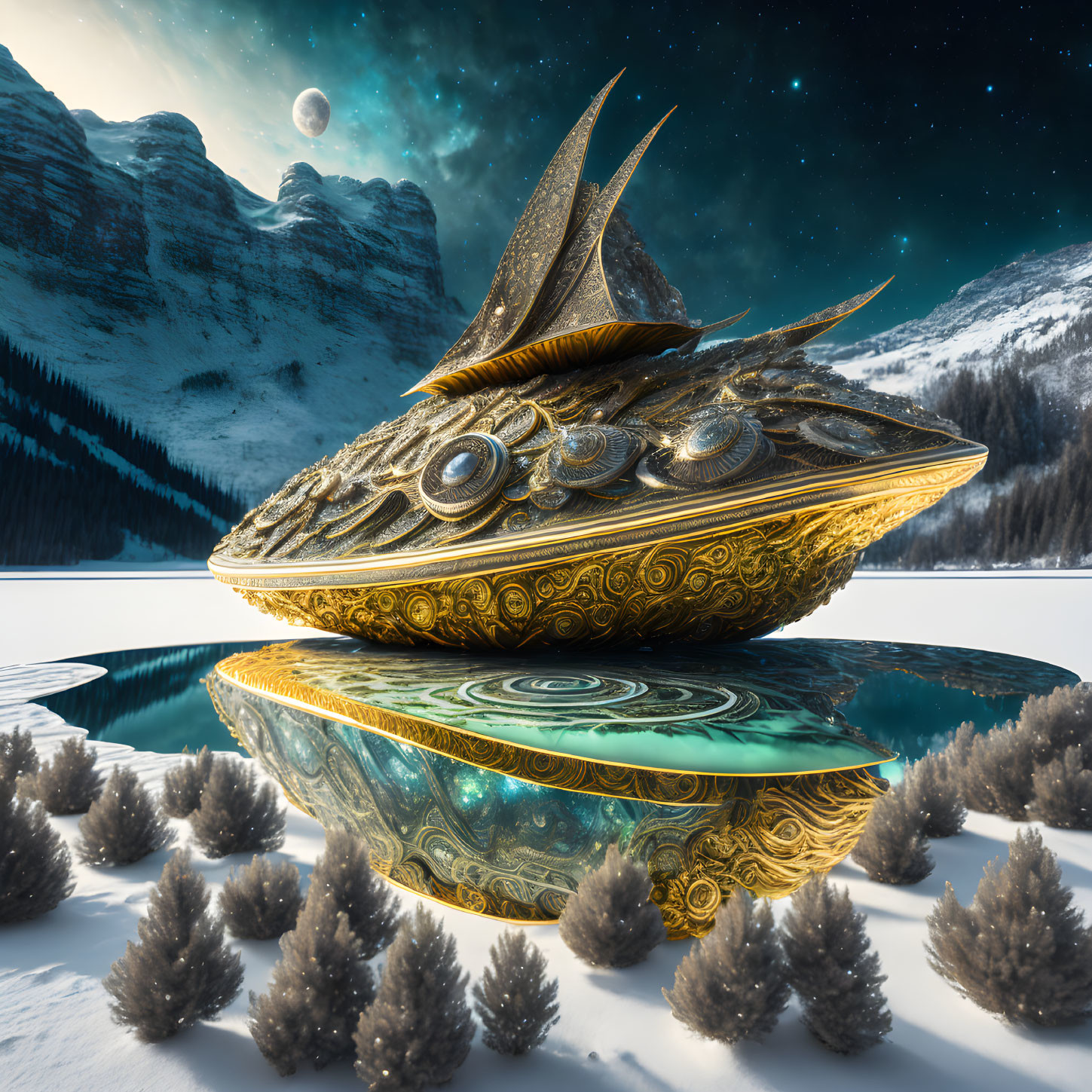 Golden Spaceship Lands Near Frozen Lake and Mountains Under Starry Night Sky