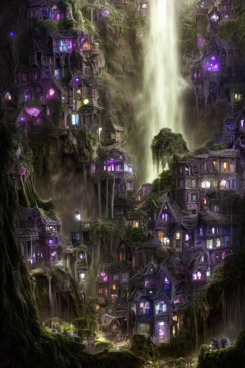 Mystical Cliffside Village with Illuminated Houses and Waterfall