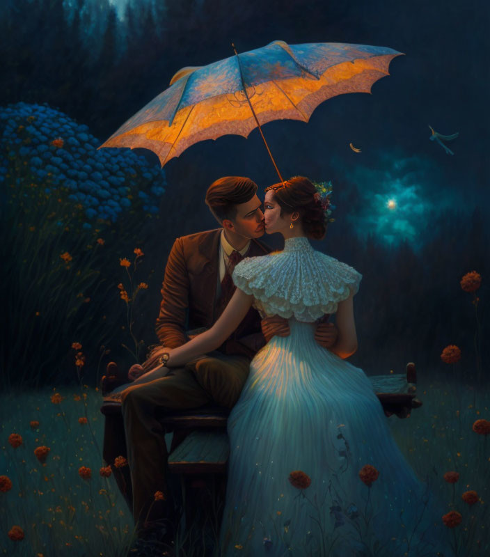 Vintage couple under umbrella in twilight garden with fireflies.