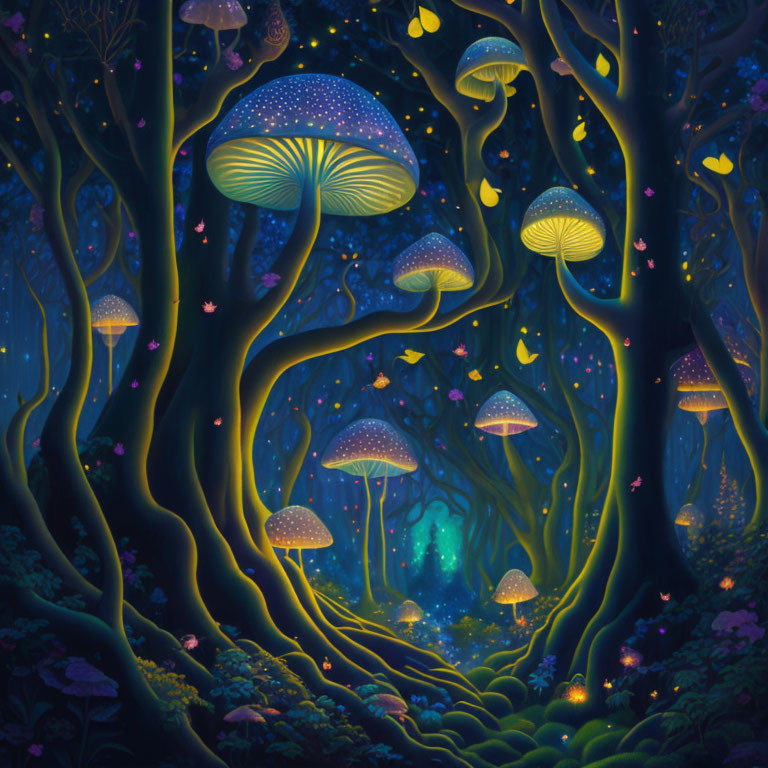 Enchanting night forest with oversized glowing mushrooms