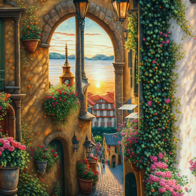 Quaint alleyway with arches, flowers, and sea view at sunset