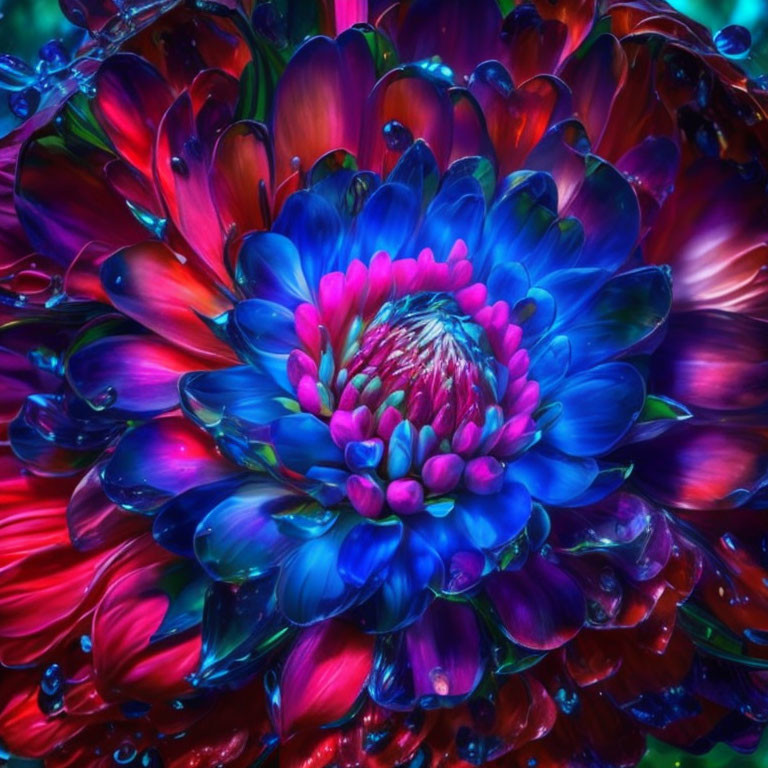 Close-up of vibrant blue and purple flower with water droplets.