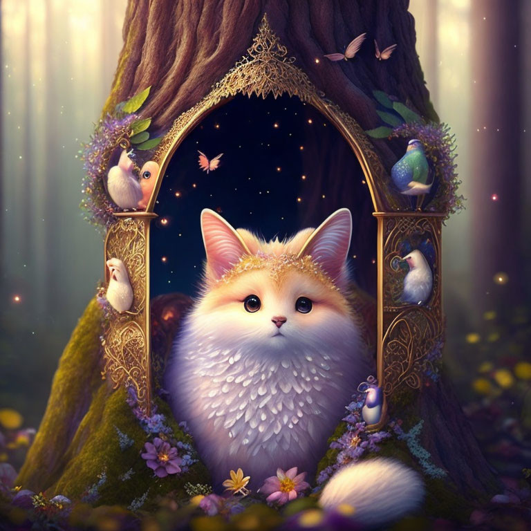 Fluffy cat illustration in ornate tree with birds and flowers