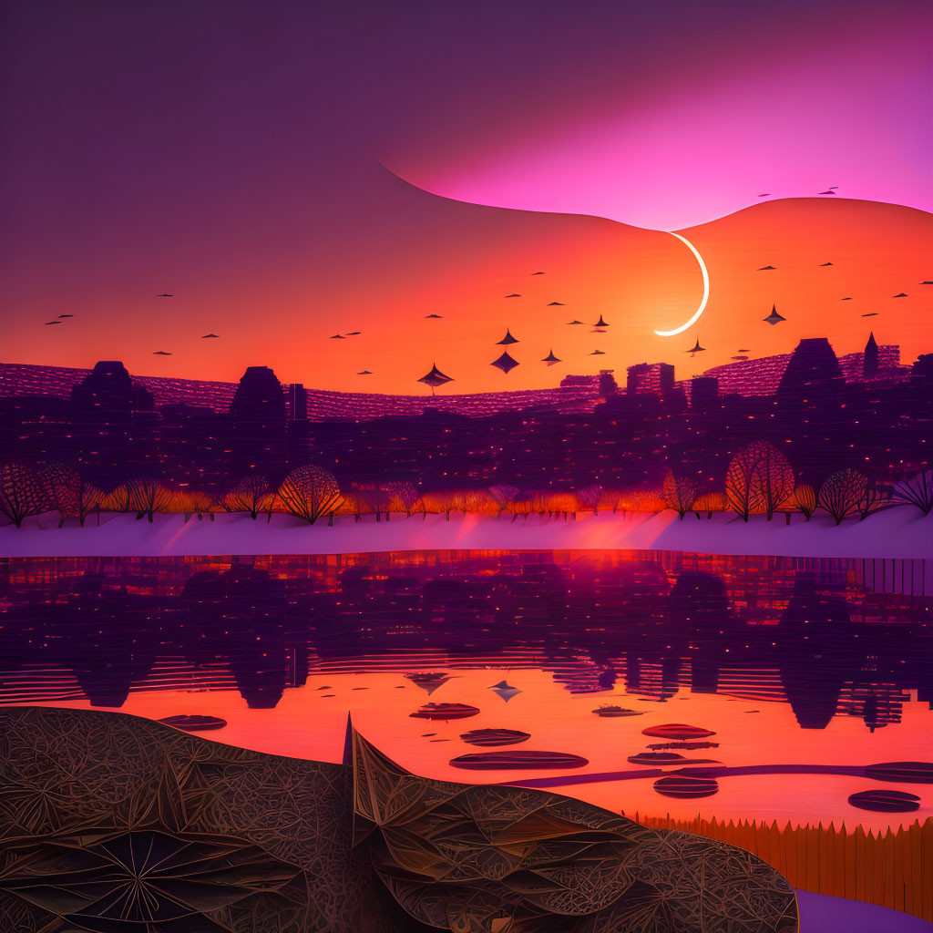 Colorful digital artwork: surreal sunset, crescent moon, reflective lake, silhouetted birds