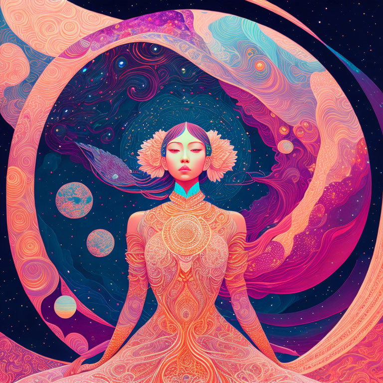 Colorful Woman Illustration with Cosmic and Floral Motifs