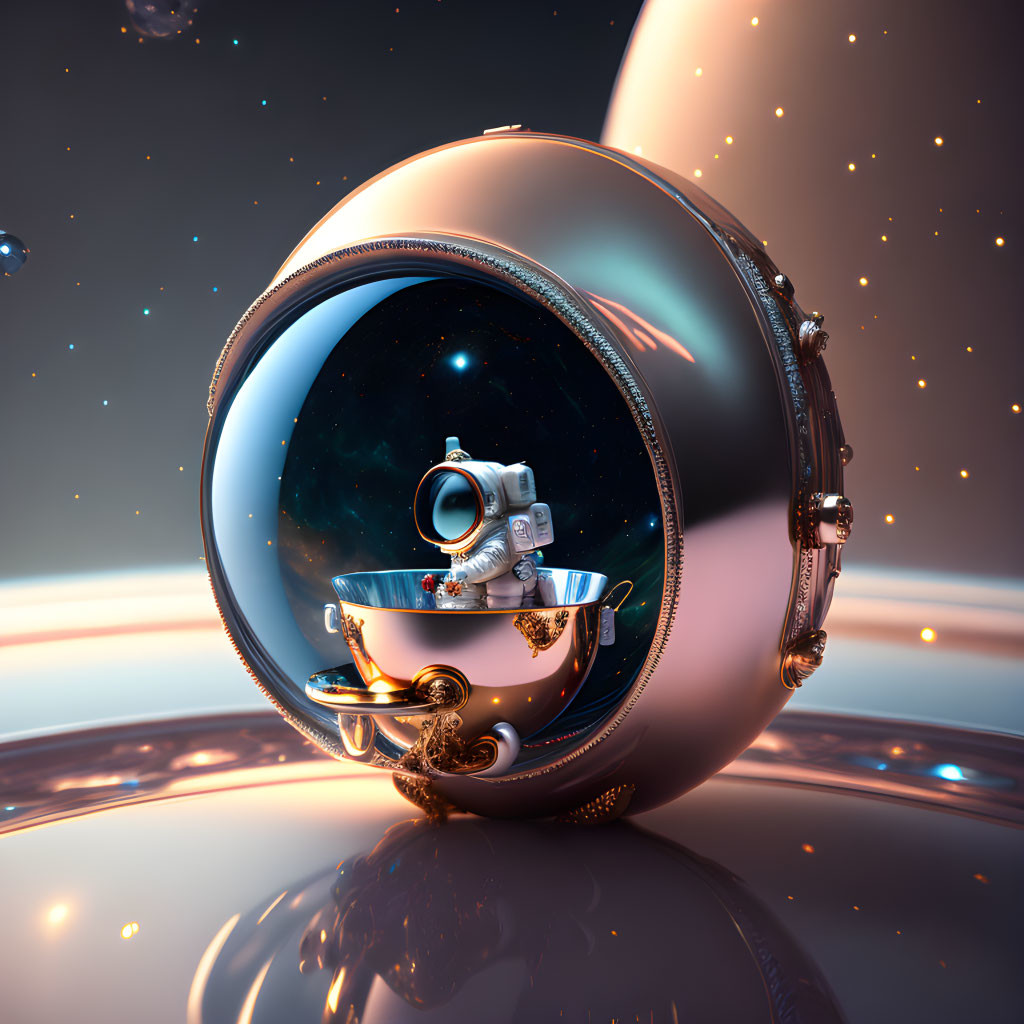 Surreal astronaut in floating cup within reflective sphere on cosmic background