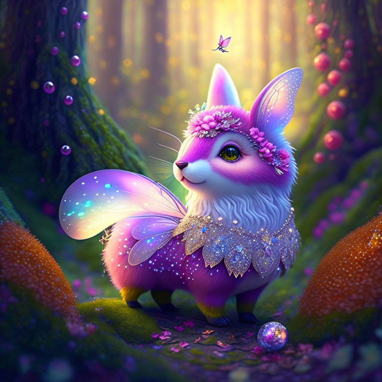 Digital Artwork: Lavender Rabbit Creature in Enchanted Forest