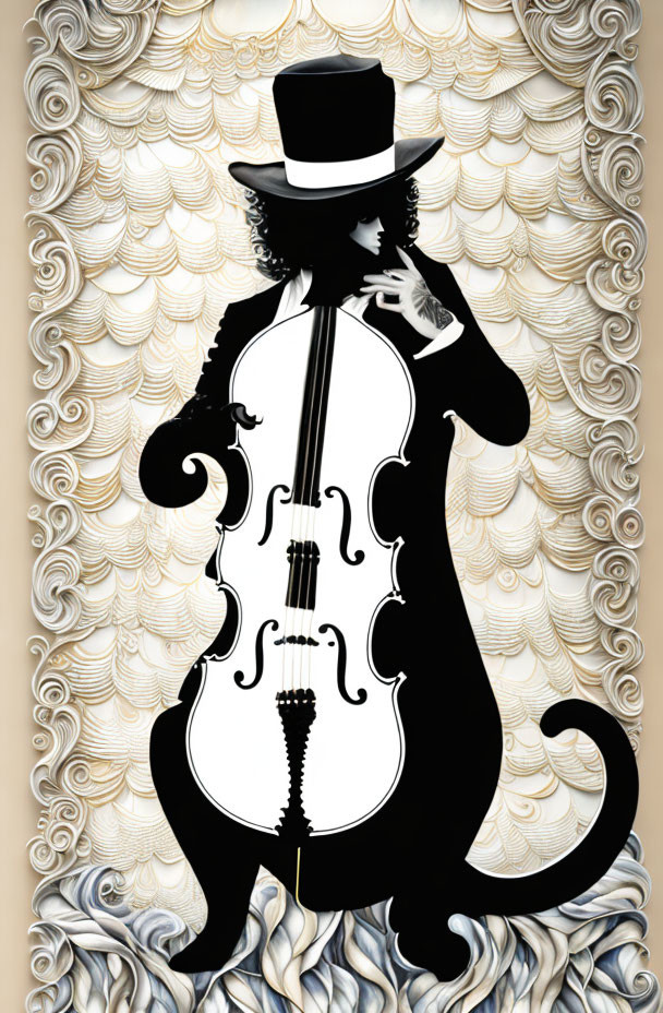 Silhouette of anthropomorphic cat in top hat playing cello on cream and beige background