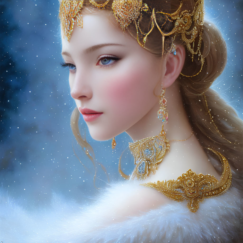 Digital artwork: Fair-skinned woman with gold jewelry in snowy setting