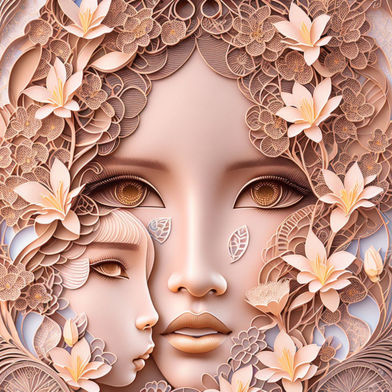 Intricate Artwork Featuring Two Female Faces and Floral Patterns