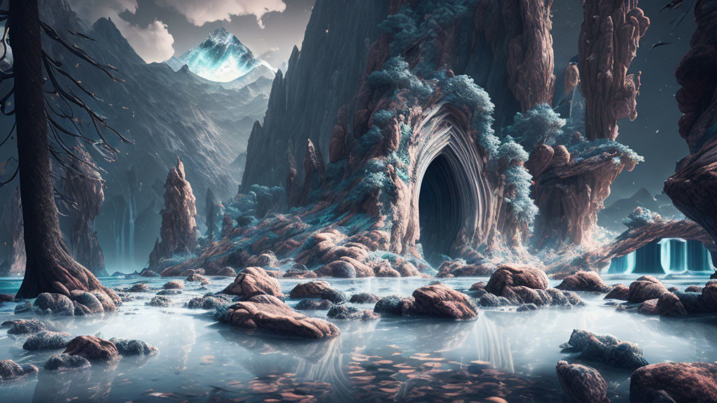 Mystical landscape with rocky arches, serene water, and distant mountain