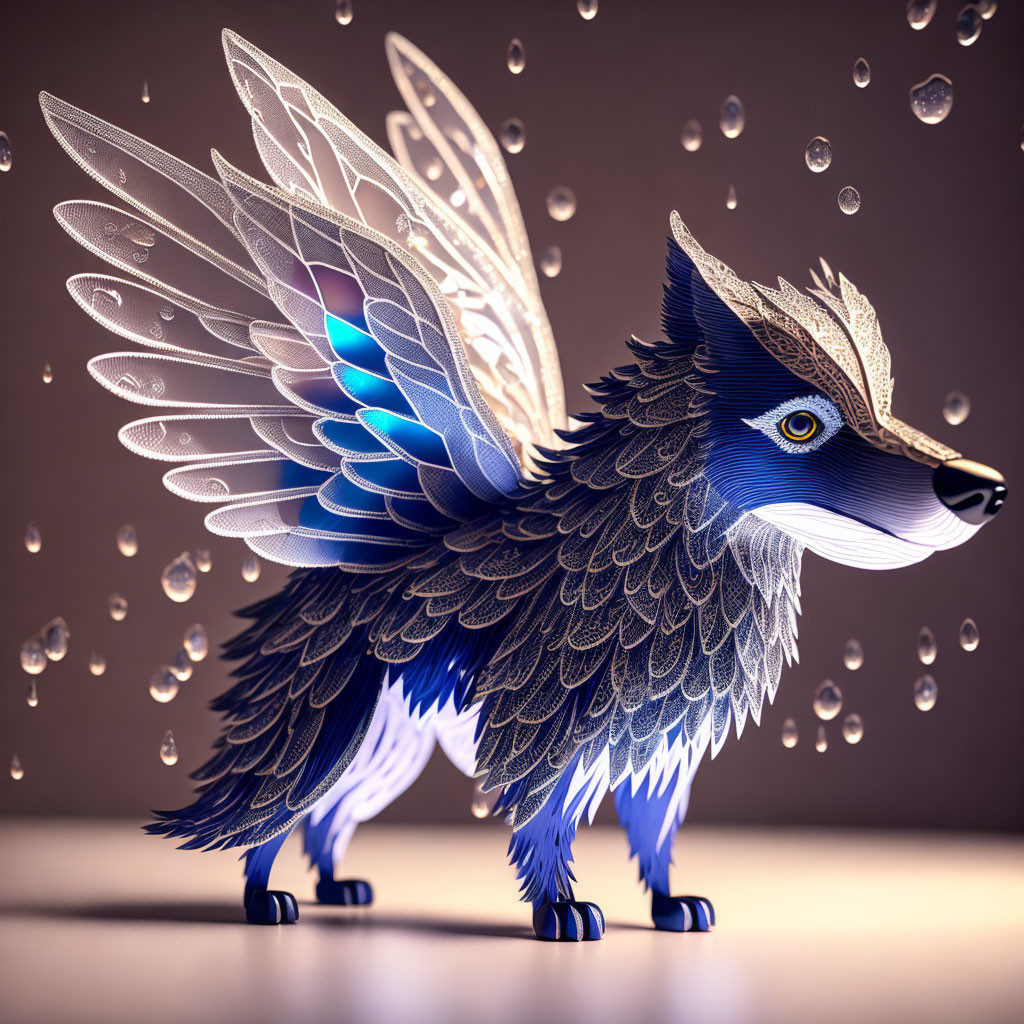 Fantastical creature with fox body and bird-like wings in digital art