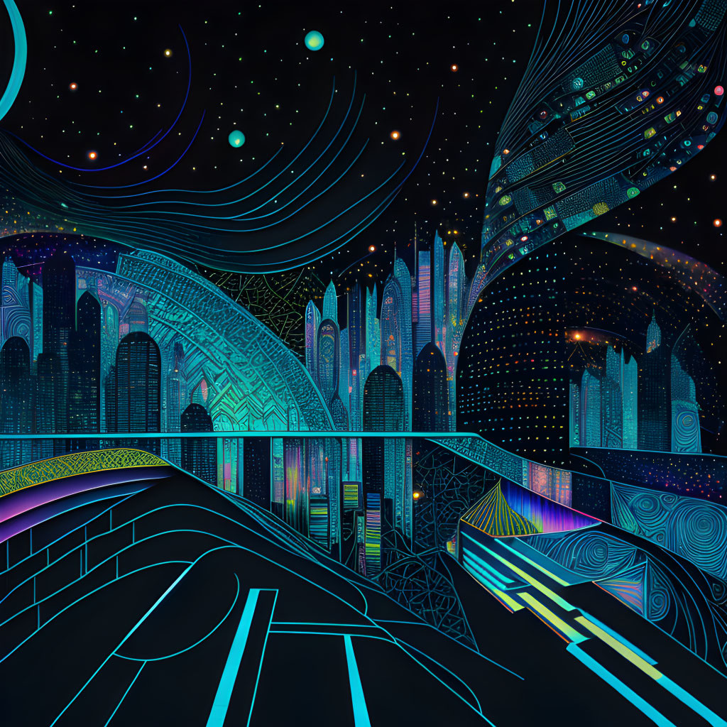 Vibrant neon futuristic cityscape with geometric patterns and stylized stars