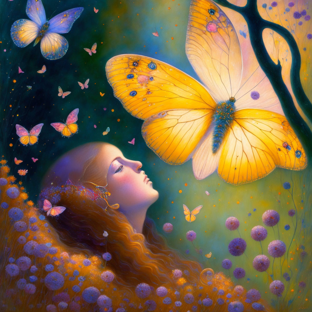 Woman merged with butterfly wing in magical scene with glowing butterflies and whimsical flowers