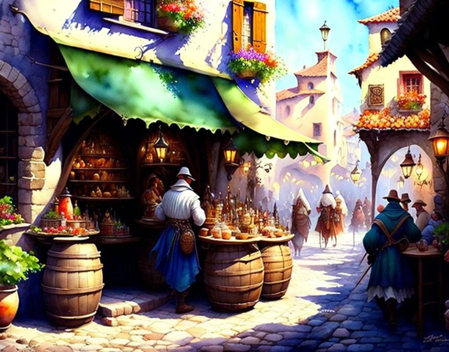 Colorful market scene on cobblestone street with classical attired people and stalls, set under sunny