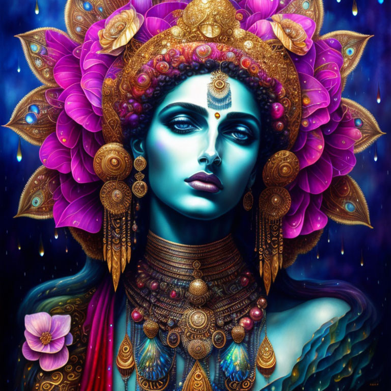 Blue-skinned deity with golden jewelry and lotus crown in starry setting