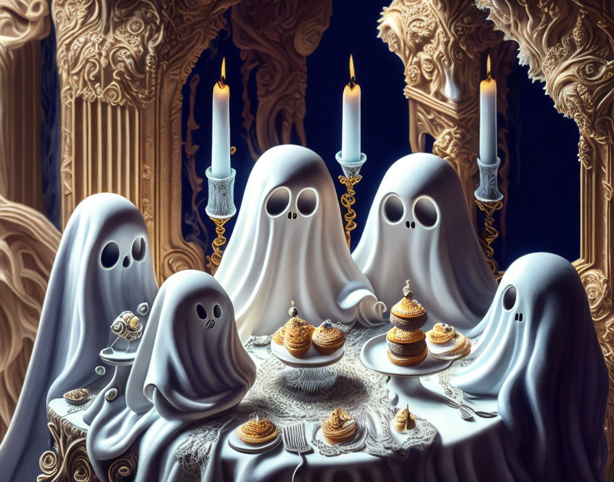 Ethereal figures at ornate table with candles in baroque room