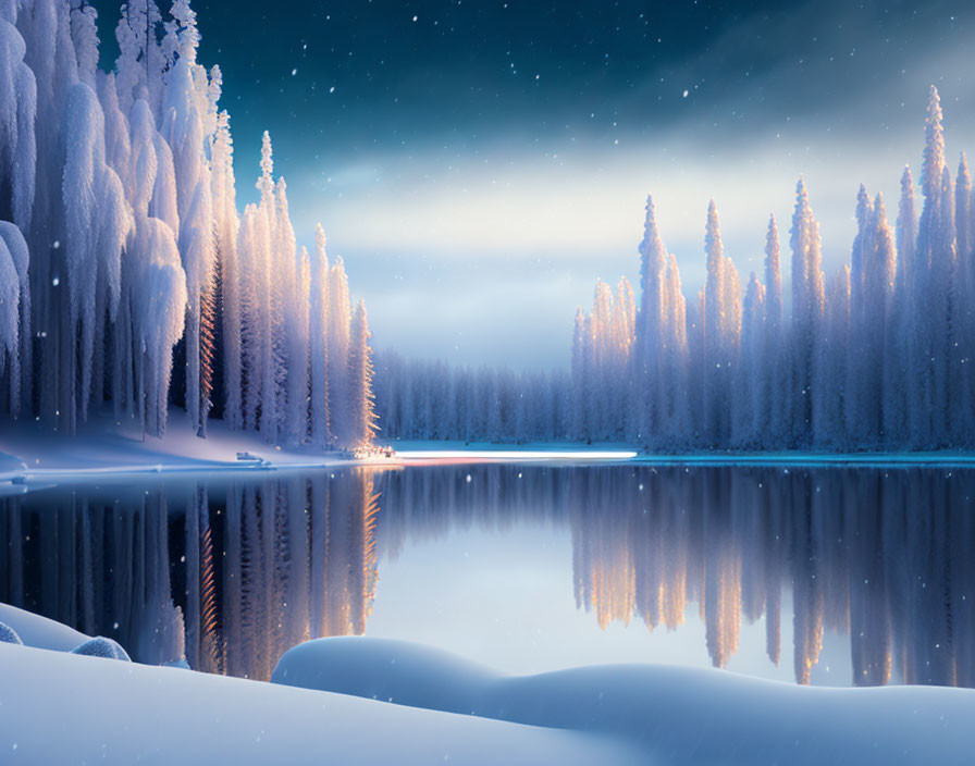 Snow-covered trees reflecting on a calm lake under a twilight sky dotted with stars