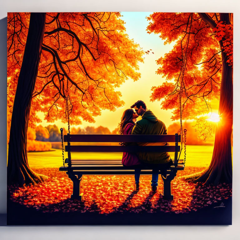 Couple Embracing on Park Bench Amid Autumn Trees at Sunset